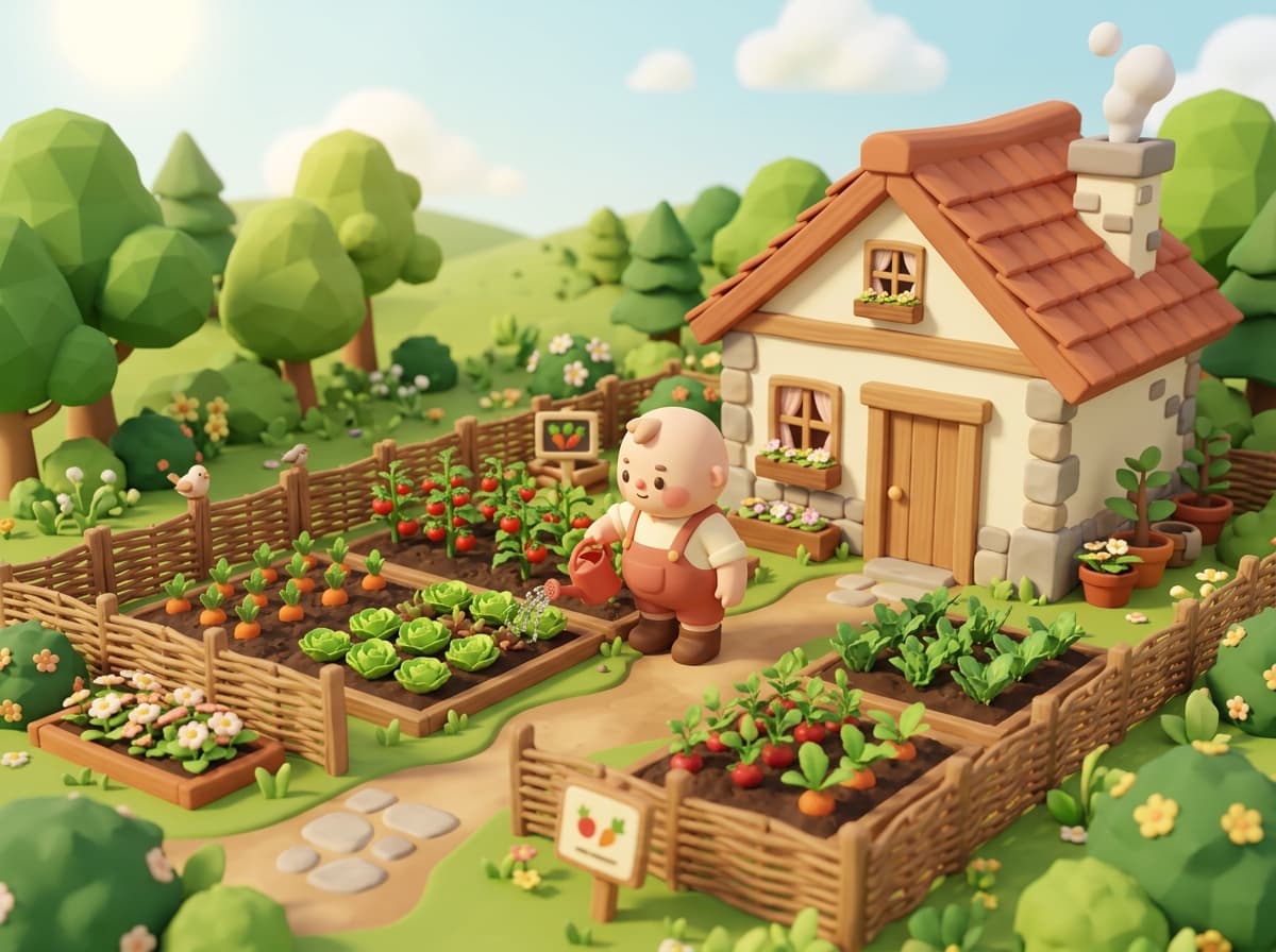 A villager watering a vegetable garden beside a small cottage in the morning light